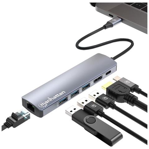 Docking station /hub multiporta USB-C PD 6 in 1 4K Porta USB 3.2 Gen 1 Type-C maschio a HDMI (4K a 60 Hz), tre porte USB-A (5 Gbps), porta di alimentazione USB-C (100 W) e porta Gigabit RJ45, alluminio, argent - Foto 1