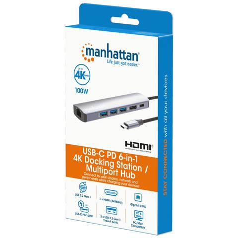 Docking station /hub multiporta USB-C PD 6 in 1 4K Porta USB 3.2 Gen 1 Type-C maschio a HDMI (4K a 60 Hz), tre porte USB-A (5 Gbps), porta di alimentazione USB-C (100 W) e porta Gigabit RJ45, alluminio, argent - Foto 2