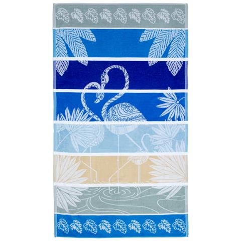 Telo Mare Jacquard Spugna Asciugamano Spiaggia Disegno Flamingo Family Telo Mare Blu - Foto 1