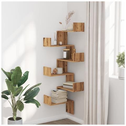 Scaffale Angolare Muro Rovere Artigianale 45x45x147 Cm Legno - Foto 3
