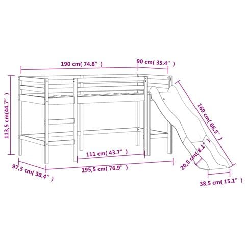Letto Soppalco Scivolo Bambini Bianco 90x190 cm Massello Pino - Foto 2