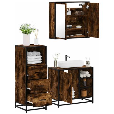Set Mobili Da Bagno 3 Pz Rovere Fumo In Legno Multistrato - Foto 1