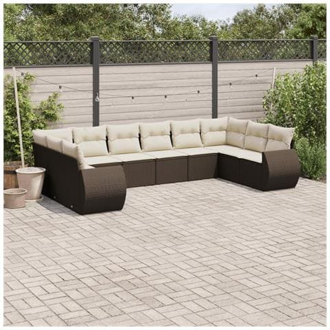 Set Divani Da Giardino 10pz Con Cuscini In Polyrattan Marrone - Foto 1