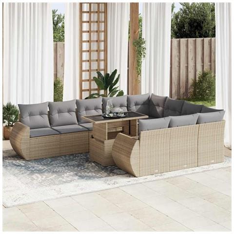 Set Divani Da Giardino 11 Pz Con Cuscini Beige In Polyrattan - Foto 1