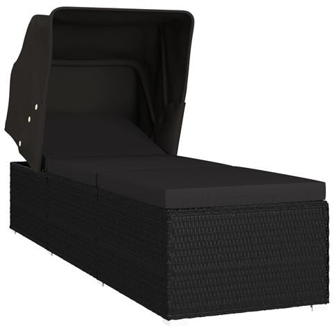 Lettino Prendisole Con Tettuccio E Cuscino In Polyrattan Nero - Foto 1