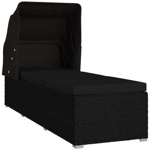 Lettino Prendisole Con Tettuccio E Cuscino In Polyrattan Nero - Foto 2