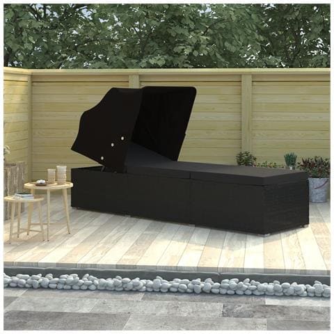 Lettino Prendisole Con Tettuccio E Cuscino In Polyrattan Nero - Foto 8