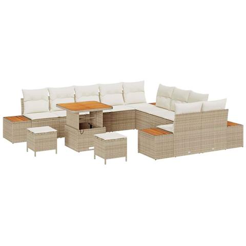 Set di Divani da Giardino  da 13 Pezzi con Cuscini Beige Polyrattan Acacia, Set da Pranzo da Giardino  da 3 Pezzi con Cuscini Beige Polyrattan Acacia - Foto 1