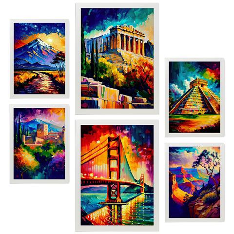 Set Di 6 Stampe Illustrazioni Estetiche In Stile Pittura Ad Olio Di Monumenti E Città In Stile Fotografico A Colori A3 & A4 Cornice Bianca - Foto 1