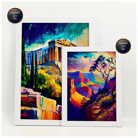 Set Di 6 Stampe Illustrazioni Estetiche In Stile Pittura Ad Olio Di Monumenti E Città In Stile Fotografico A Colori A3 & A4 Cornice Bianca - Foto 2