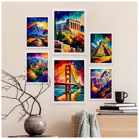 Set Di 6 Stampe Illustrazioni Estetiche In Stile Pittura Ad Olio Di Monumenti E Città In Stile Fotografico A Colori A3 & A4 Cornice Bianca - Foto 5