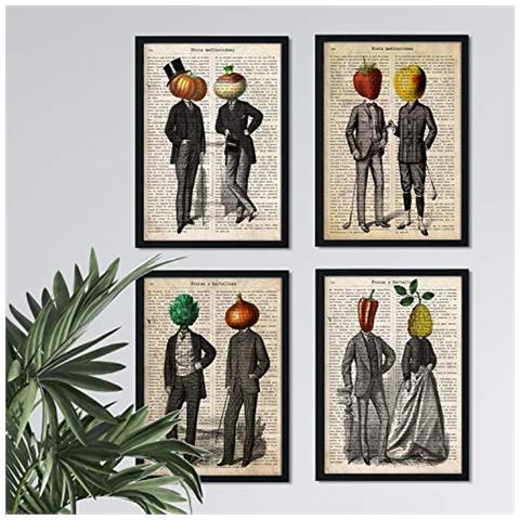 Set Di 4 Stampe Collage Con Persone Frutta Verdure E Ortaggi Sfondo Foglio Di Giornale Con Varie Definizioni: Frutta Verdura E Dieta Senza Cornice A4 - Foto 1