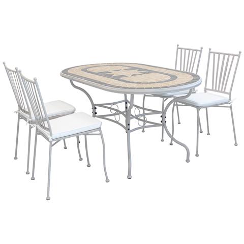 Set Tavolo Giardino Ovale Fisso Con Piano In Mosaico 160 X 90 Con 4 Sedie In Ferro Tortora Per Esterno Giardino - Foto 1