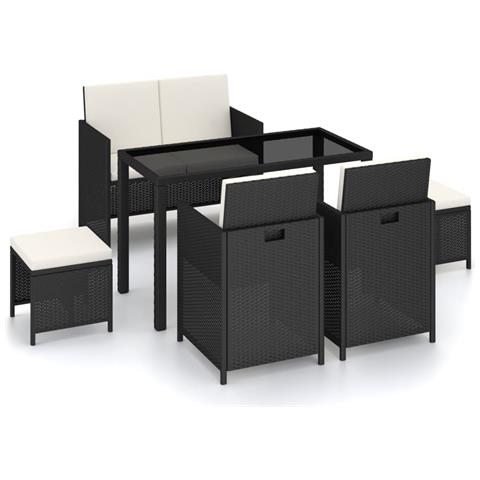 Set Da Pranzo Per Esterni 6 Pz Con Cuscini In Polyrattan Nero - Foto 1