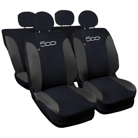 Coprisedili Auto Compatibili Per 500, Made In Italy, Set Di Copri Sedili Anteriori E Posteriori (bicolore) Con Copri Poggiatesta Incluso, Tessuto Poliestere, Colore - Nero \grigio Scuro - Foto 1