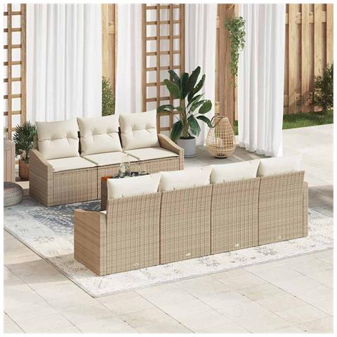 Set di divani da giardino in 8 pezzi con cuscini Beige Polyrattan Acacia - Foto 2