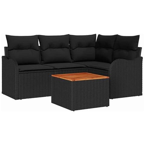 Set Divano da Giardino a 5 pezzi con cuscini Rattan Nero Acacia, Divano da Giardino a 2 posti con cuscini Rattan Nero - Foto 1