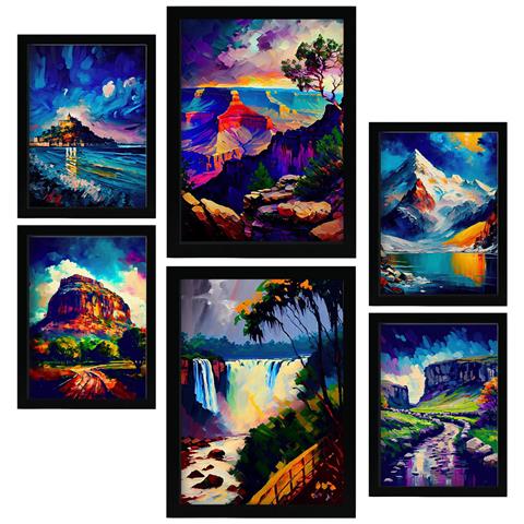 Set Di 6 Stampe Blu In Stile Pittura A Olio. Illustrazioni Di Monumenti E Città In Stile Fotografico A Colori. A3 & A4 Cornice Nera - Foto 1