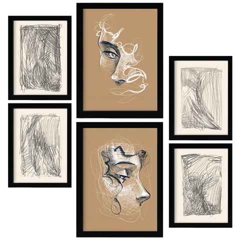 Set Di 6 Stampe Fiere D'arte Con Dipinti Decorativi Estetici Astratti Femminili Per Il Tuo Soggiorno Di Casa A3 & A4 Cornice Nera - Foto 1