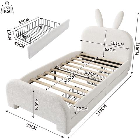 Letto Bambino Con Testiera A Coniglio, Imbottito E Con Due Cassetti - Foto 2