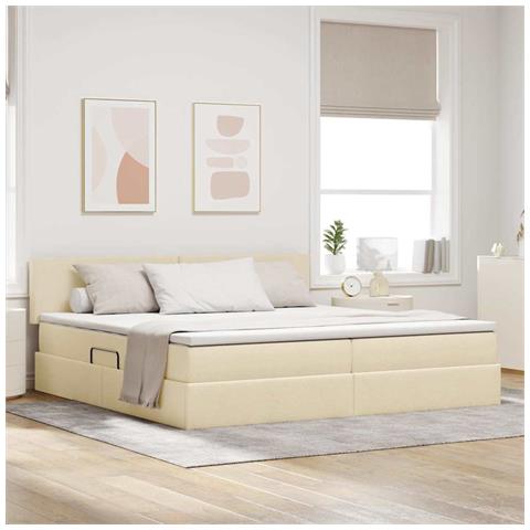 Letto con contenitore e LED con led Crema 200 x 200 cm Tessuto - Foto 2