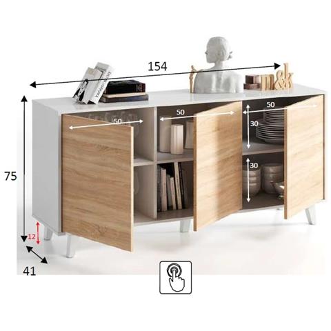 Credenza A Tre Ante E Tre Ripiani, Colore Rovere E Bianco Lucido, Misure 154 X 41 X 75 Cm - Foto 7