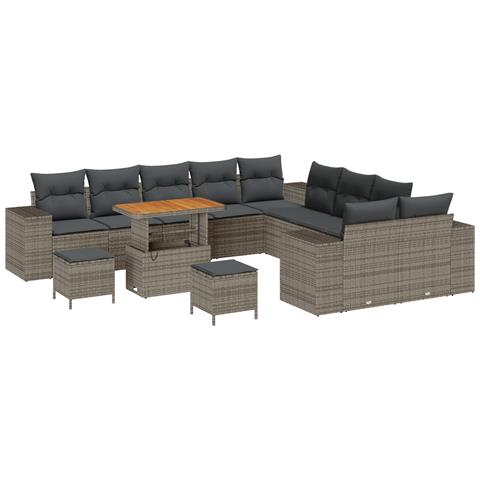 Set di Divani da Giardino  da 13 pezzi con Cuscini Grigio Polirattan Acacia, Set da Pranzo da Giardino  da 3 pezzi con Cuscini Grigio Polirattan Acacia - Foto 1