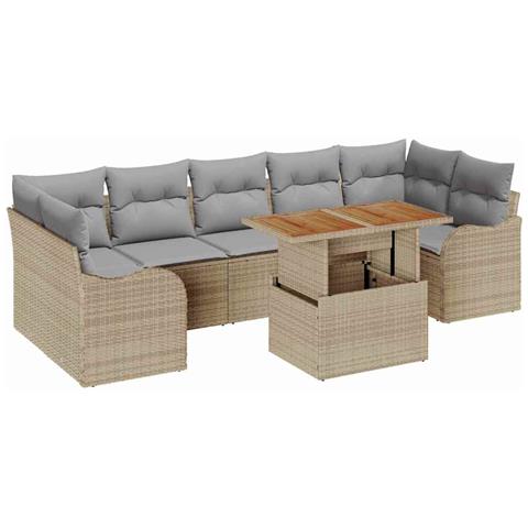 Set di Divani da Giardino in 8 Pezzi con Cuscini Beige Rattan Sintetico Acacia, Divano da Giardino in 2 Pezzi con Cuscini Beige Rattan Sintetico - Foto 1