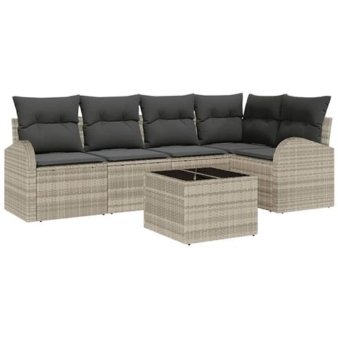 Set divano da giardino  a 6 pezzi con cuscini grigi in polyrattan, Divano da giardino  a 2 posti con spazio di stoccaggio e cuscini grigio chiaro in polyrattan - Foto 1