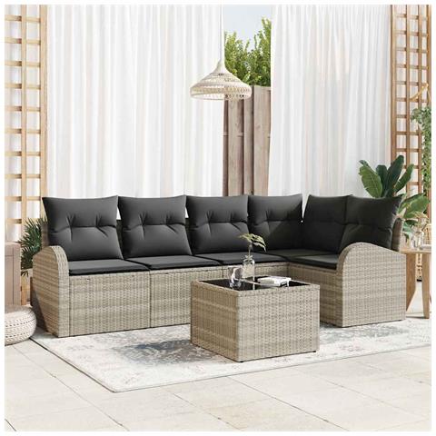 Set divano da giardino  a 6 pezzi con cuscini grigi in polyrattan, Divano da giardino  a 2 posti con spazio di stoccaggio e cuscini grigio chiaro in polyrattan - Foto 2