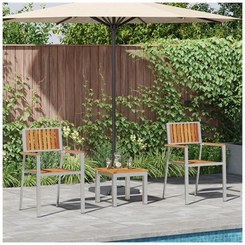 Set Pranzo Giardino  3 Pezzi Legno Massello di Acacia, Sedie Giardino impilabili  2 pz Legno Massello di Acacia e Metallo - Foto 2