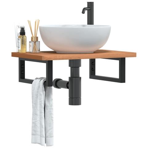 Ripiano a Parete per Lavabo in Acciaio e Massello di Faggio - Foto 2