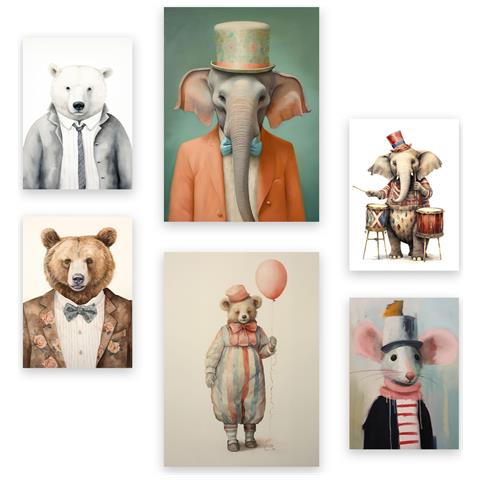 Set Di 6 Stampe Stampe Decorative Estetiche Con Animali Da Circo All'asilo Per Il Tuo Soggiorno, Camera Da Letto E Casa A3 & A4 Senza Cornice - Foto 1