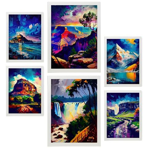 Set Di 6 Stampe Blu In Stile Pittura A Olio. Illustrazioni Di Monumenti E Città In Stile Fotografico A Colori. A3 & A4 Cornice Bianca - Foto 1