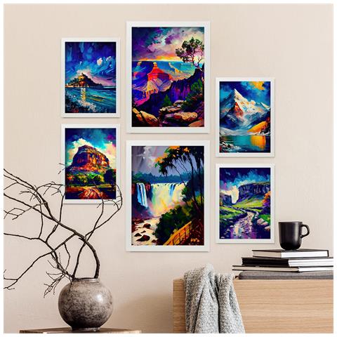 Set Di 6 Stampe Blu In Stile Pittura A Olio. Illustrazioni Di Monumenti E Città In Stile Fotografico A Colori. A3 & A4 Cornice Bianca - Foto 5