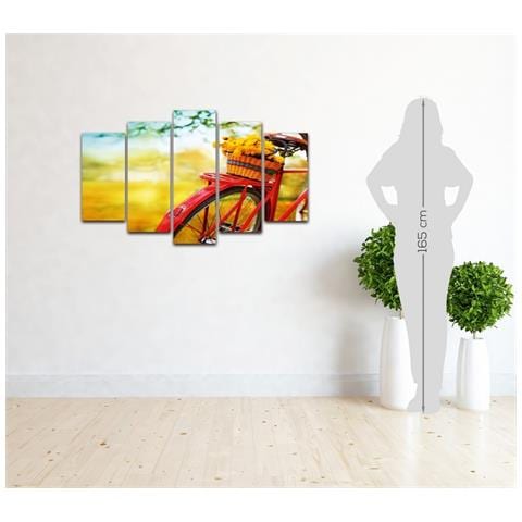 Quadro Bicicletta, Decorazione Da Parete, Natura, 5 Pezzi, Da Soggiorno, Camera, Multicolore In Legno Di Pino, Poliestere, 100 X 3 X 60 Cm - Foto 2