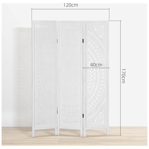 Separé Paravento da Interni Pieghevole a 3 Pannelli in Legno Intagliato, 120x170cm, Bianco - Foto 2