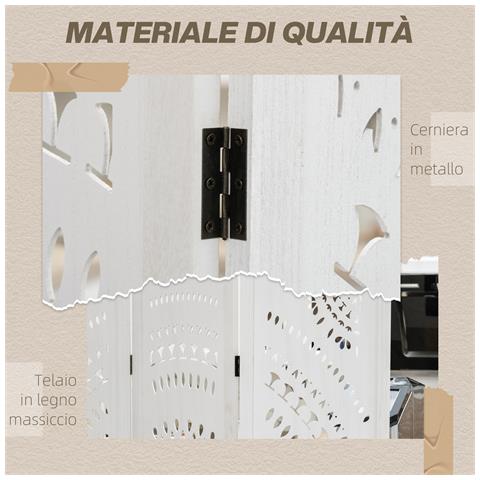 Separé Paravento da Interni Pieghevole a 3 Pannelli in Legno Intagliato, 120x170cm, Bianco - Foto 6