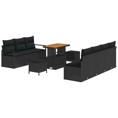 Set Divano da Giardino con Cuscini Nero Polirattan Acacia 10 Pezzi,  Divano da Giardino con Cuscini Nero Polirattan 2 Posti,  Set da Pranzo da Giardino con Cuscini Nero Polirattan Acacia 3 Pezzi - Foto 1