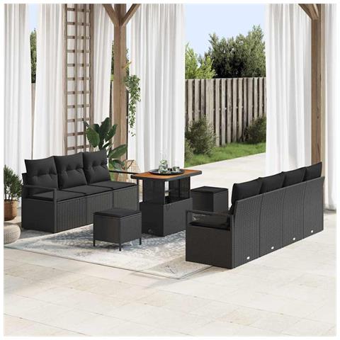 Set Divano da Giardino con Cuscini Nero Polirattan Acacia 10 Pezzi,  Divano da Giardino con Cuscini Nero Polirattan 2 Posti,  Set da Pranzo da Giardino con Cuscini Nero Polirattan Acacia 3 Pezzi - Foto 2