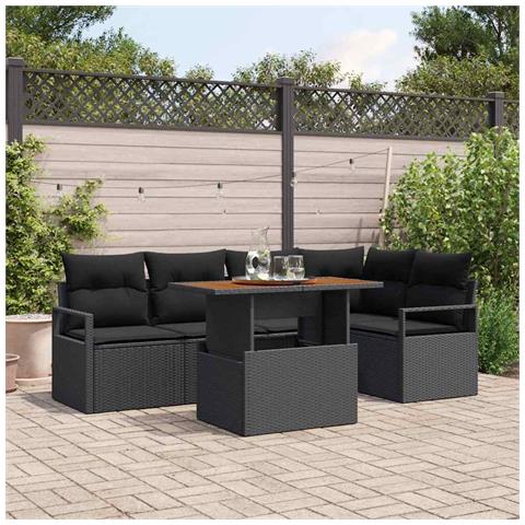Set Divano Giardino 6 Pezzi con Cuscini Nero Polyrattan Acacia, Divano Giardino 2 Posti con Cuscini Nero Polyrattan - Foto 2