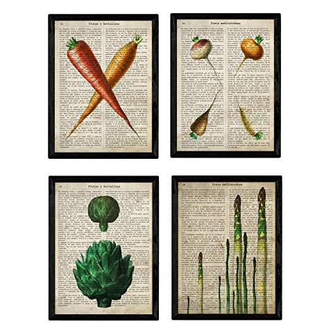 Set Di 4 Stampe Vintage Collage Sfondo Vecchio Foglio Di Giornale Con Varie E Verdure: Carote Asparagi Carciofi E Ravanelli Senza Cornice A4 - Foto 1