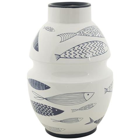 Vaso Fish In Ceramica Bianca Con Decoro A Pesci Blu 21x31 Cm - Foto 1