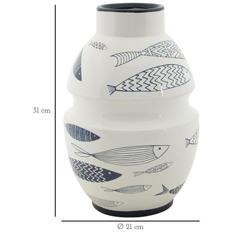 Vaso Fish In Ceramica Bianca Con Decoro A Pesci Blu 21x31 Cm - Foto 6