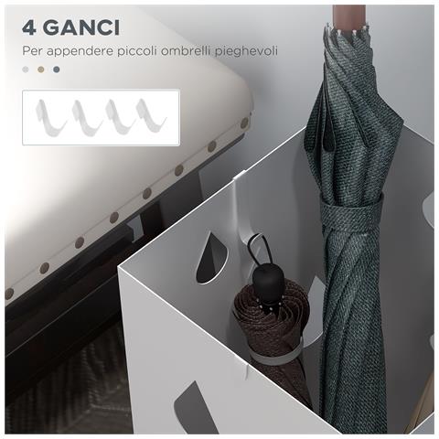 Portaombrelli in Metallo con 4 Ganci e Vaschetta Raccogligocce, 15.5x15.5x41cm, Bianco - Foto 2