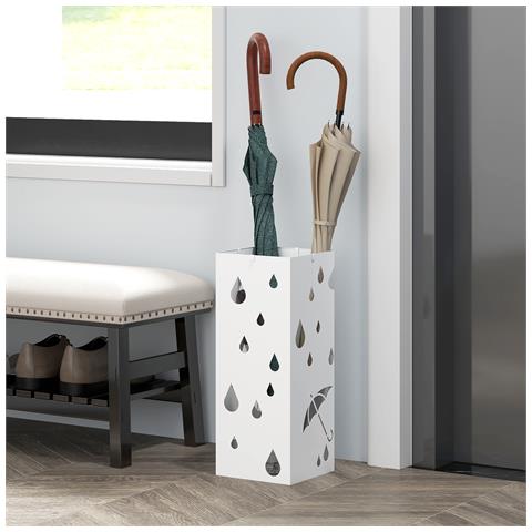Portaombrelli in Metallo con 4 Ganci e Vaschetta Raccogligocce, 15.5x15.5x41cm, Bianco - Foto 6