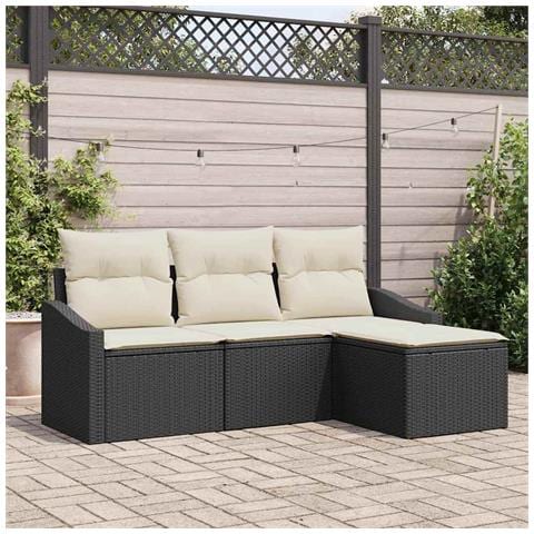 Set di divani da giardino a 4 pezzi con cuscini in rattan poliestere nero - Foto 2