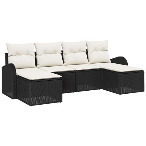 Set divano da giardino  a 6 pezzi con cuscini in polyrattan nero, Divano da giardino a 2 posti  con spazio di stoccaggio e cuscini in polyrattan nero - Foto 1