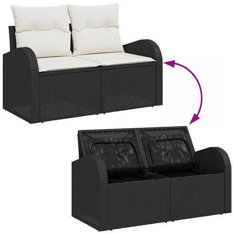 Set divano da giardino  a 6 pezzi con cuscini in polyrattan nero, Divano da giardino a 2 posti  con spazio di stoccaggio e cuscini in polyrattan nero - Foto 9