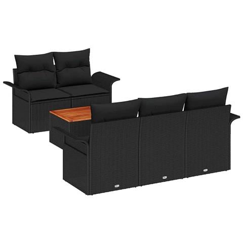Set Divano Giardino 6 Pezzi con Cuscini Nero Polyrattan Acacia, Divano Giardino 2 Posti con Ripostiglio & Cuscini Nero Polyrattan - Foto 1